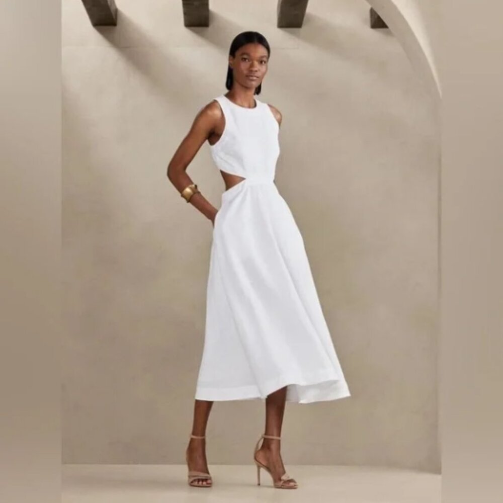 Banana Republic White Lina Linen Cutout Flare Midi Dress Size 6 Retail $190